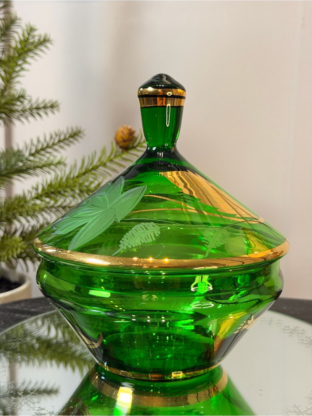 Vintage Emerald Green Bohemian Glass Lidded candy dish Gold MCM Design 7”